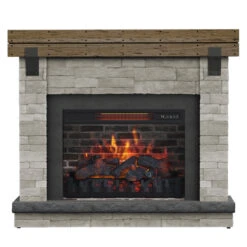 Allen + Roth 42.5-in Grey Electric Fireplace With Coffee Brown Oak Top