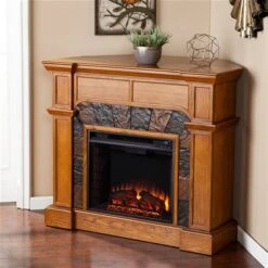 Southern Enterprises Larsmont 45.5-in W Oak With Brown Tiles Fan-forced Electric Fireplace