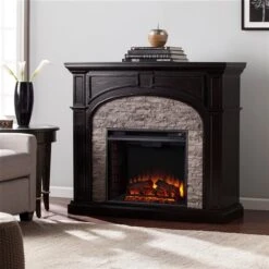 Southern Enterprises Aiden 45.75-in W Ebony With Grey Faux Stone Fan-forced Electric Fireplace