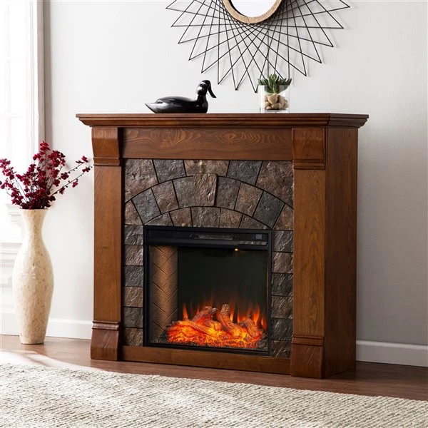 Southern Enterprises Andu 45.5-in W Antique Oak With Faux Slate Tiles Fan-forced Smart Electric Fireplace 3 Southern Enterprises Andu 45.5-in W Antique Oak With Faux Slate Tiles Fan-forced Smart Electric Fireplace