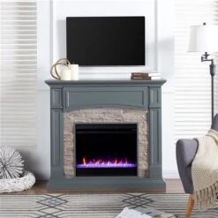 Southern Enterprises Prisene 45.75-in W Grey With Weathered Stones Fan-forced Colour Changing Electric Fireplace