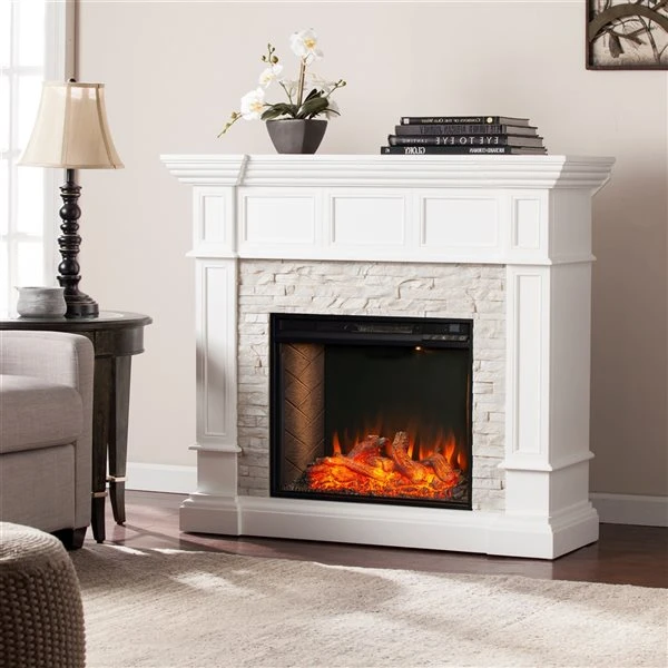 Southern Enterprises Onkto 45.75-in W White With Faux Stone Fan-forced Smart Electric Fireplace 4 Southern Enterprises Onkto 45.75-in W White With Faux Stone Fan-forced Smart Electric Fireplace - Image 2