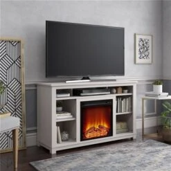 Ameriwood Home Ivory Pine TV Stand With Fan-forced Electric Fireplace For TVs Up To 55-in